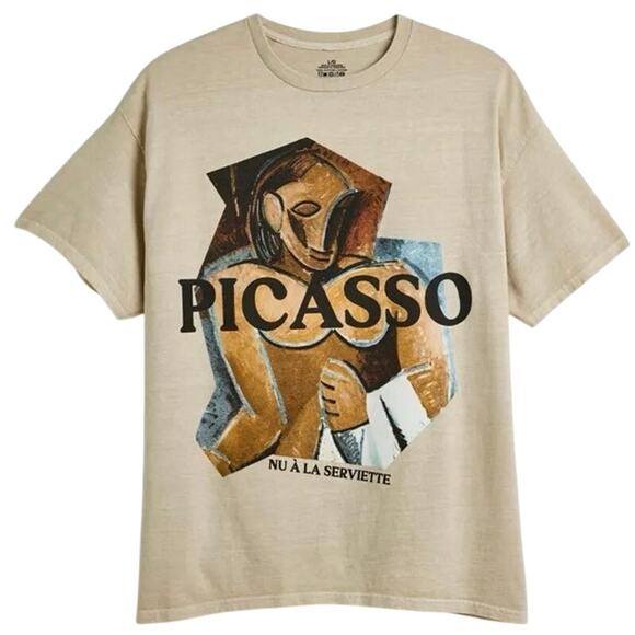 PICASSO Figure Art Print Graphic Tee in Tan Acid Wash Size XL New w/o Tag SOO - Picture 1 of 9